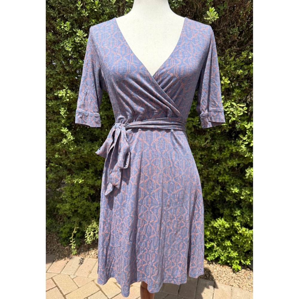 Toad&Co Cue Wrap Cafe Dress Geometric Organic Cotton Tencel Blue Pink Small